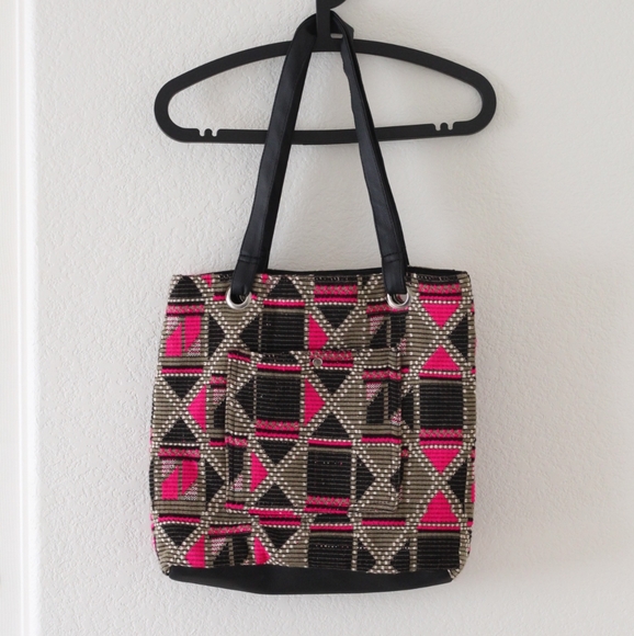Handbags - Pink & Green Boho Geometric Corduroy Tote Bag- Pre-owned